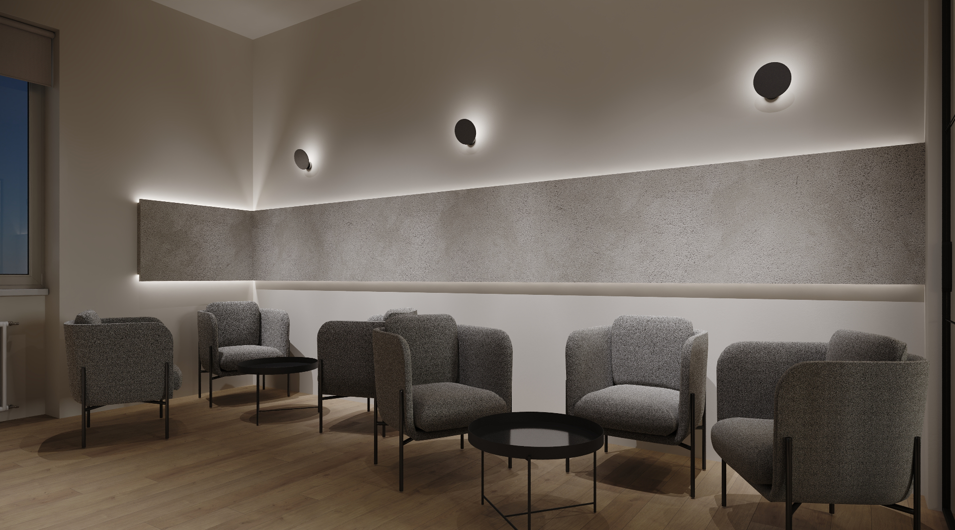 Sala d'attesa notturna con boiserie in cemento retroilluminata