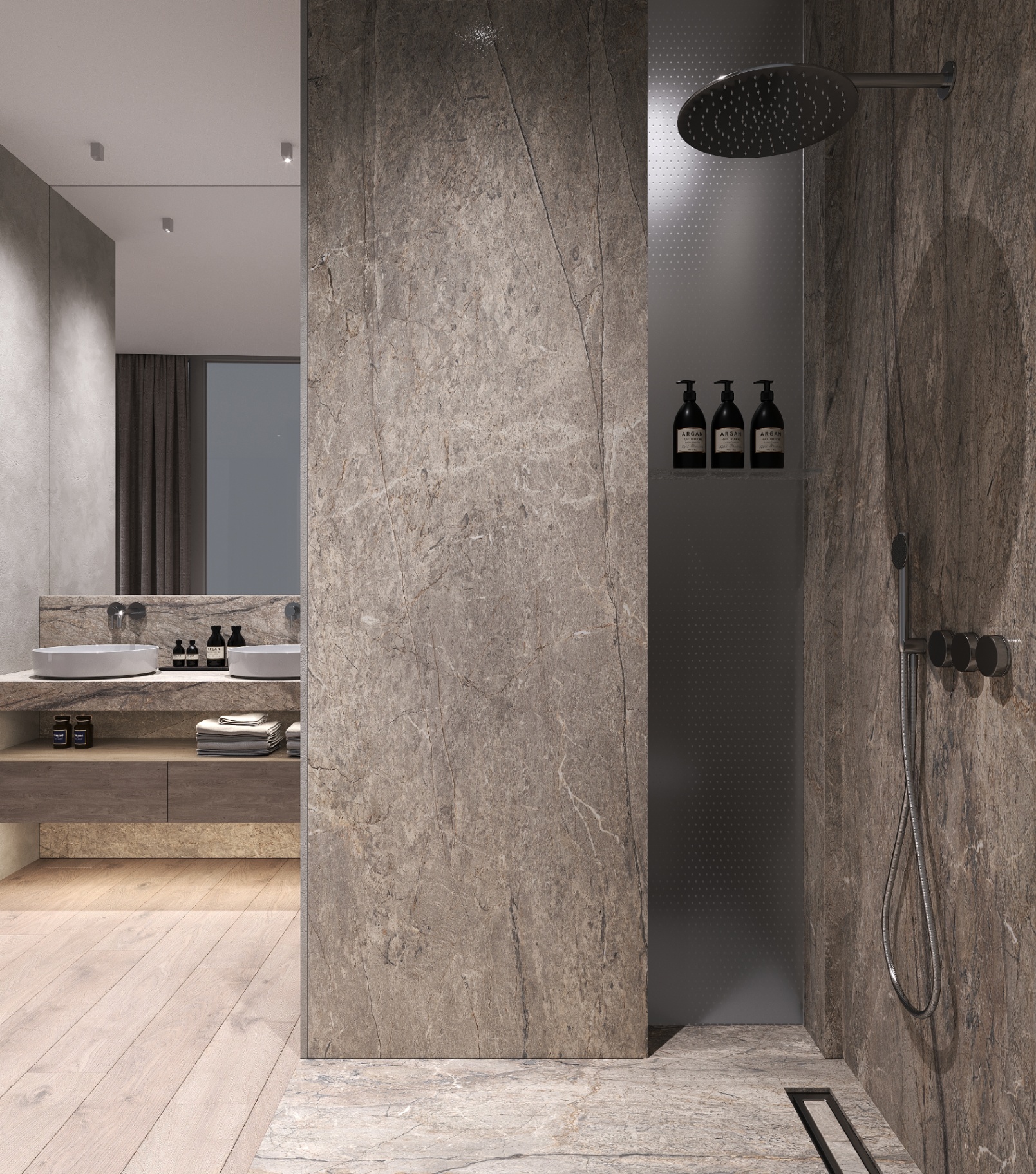 Bagno con doccia walk-in in marmo grigio