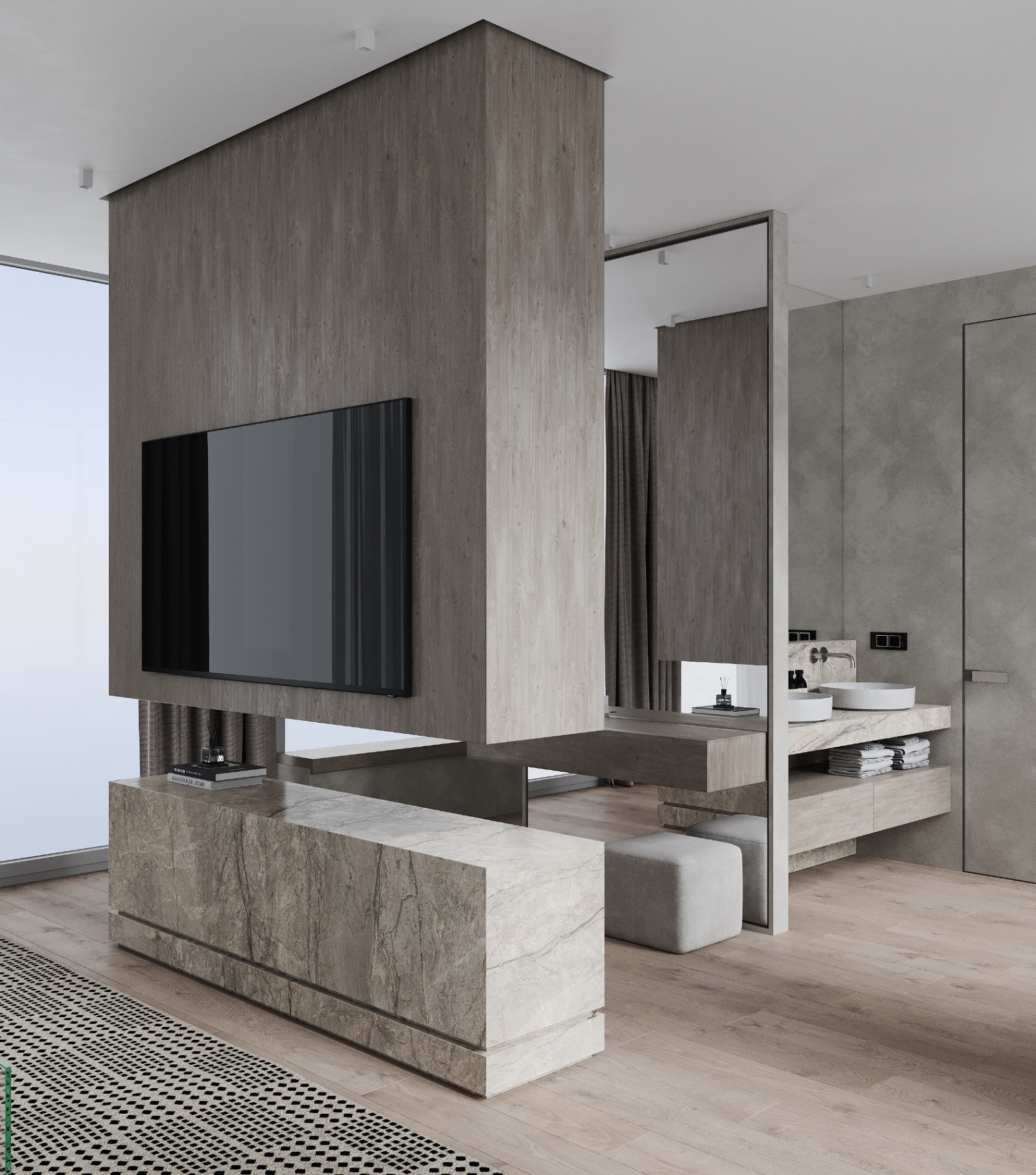 Living con parete TV in marmo e legno
