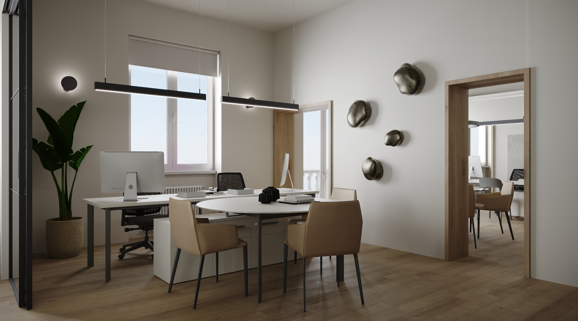 Postazioni operative con sculture parietali in bronzo