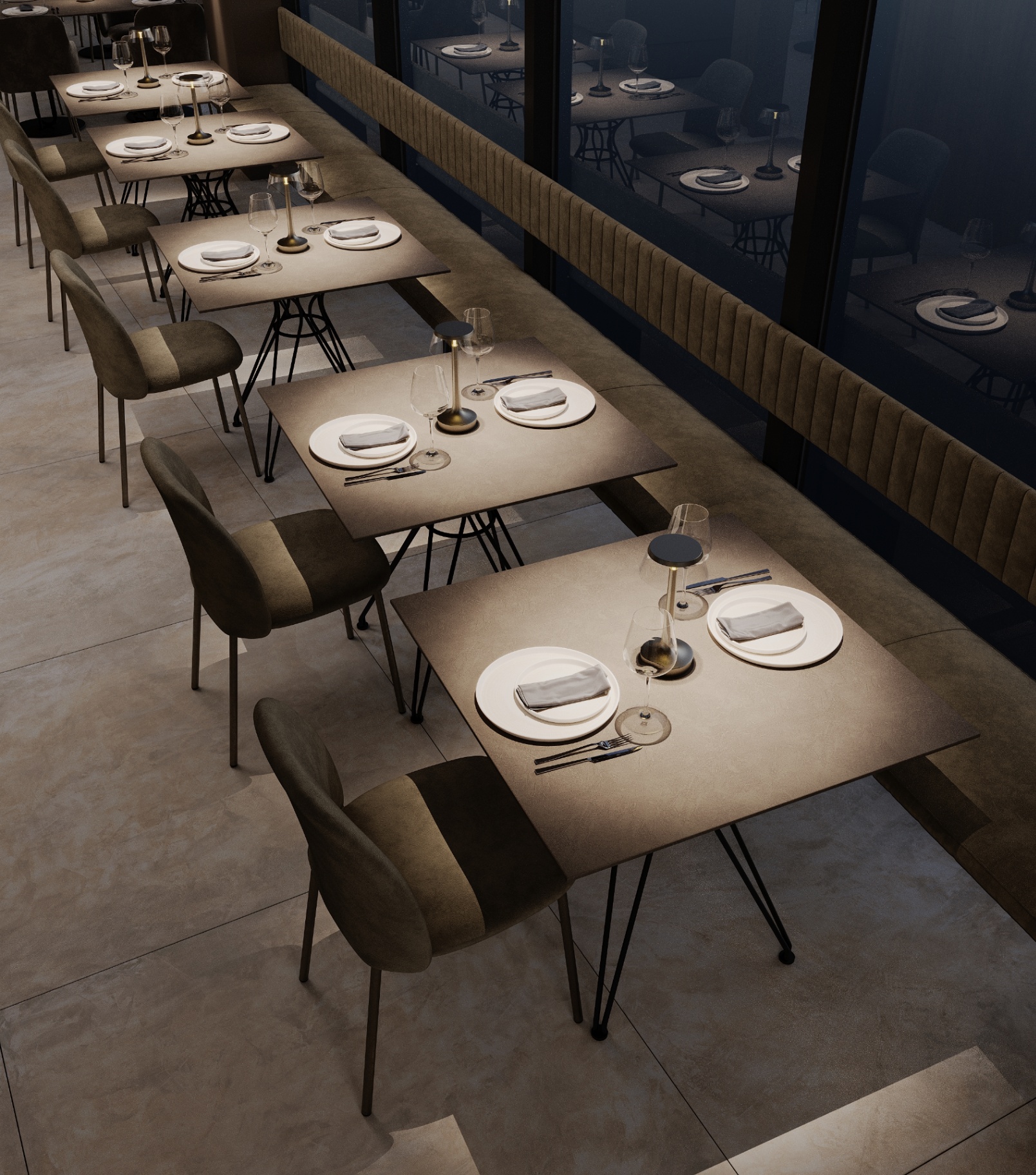 Sala ristorante notturna affacciata sulla vetrata nera