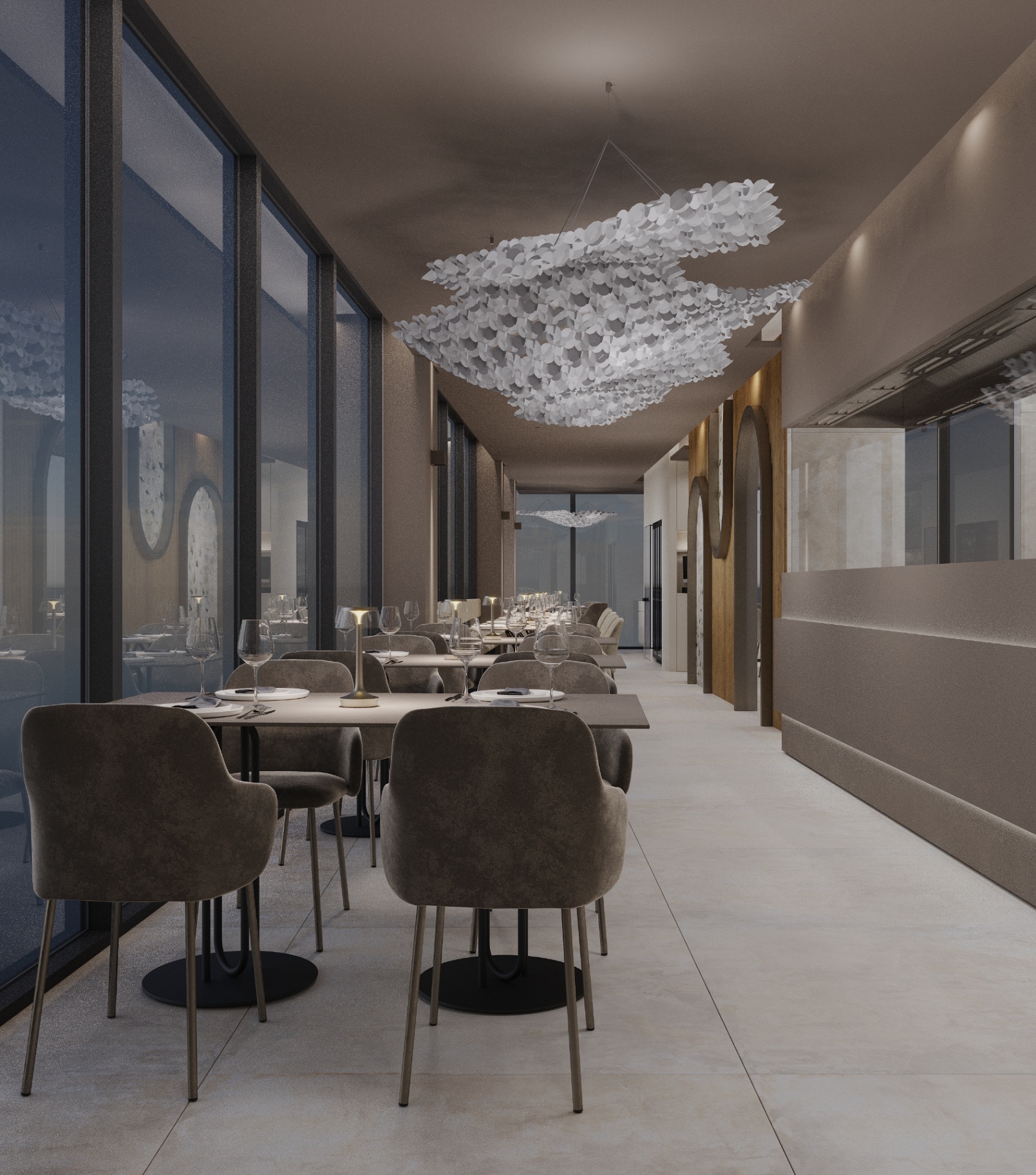 Sala ristorante con sospensione a nuvola sul soffitto
