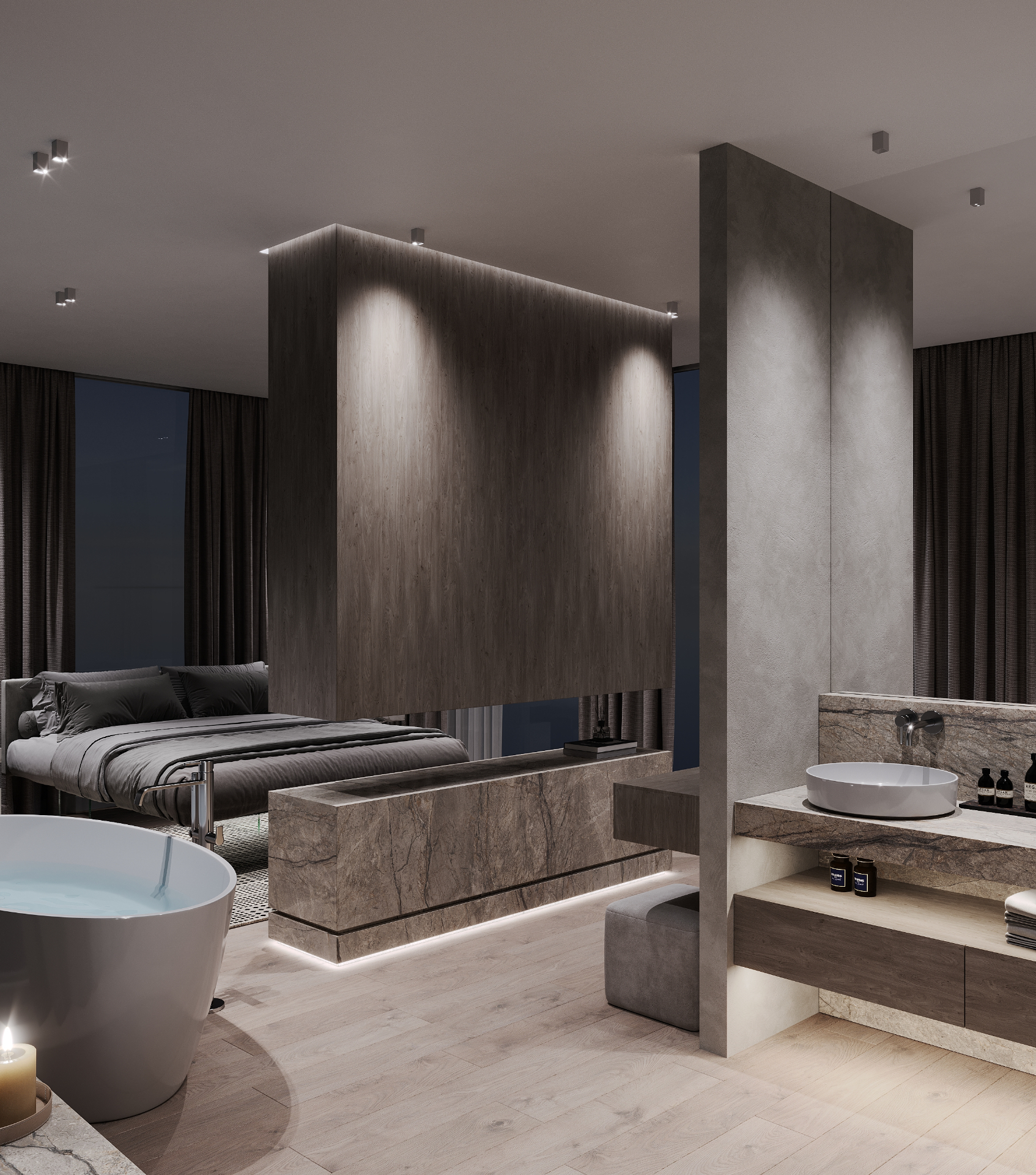 Stessa suite in versione notturna, volume rovere retroilluminato